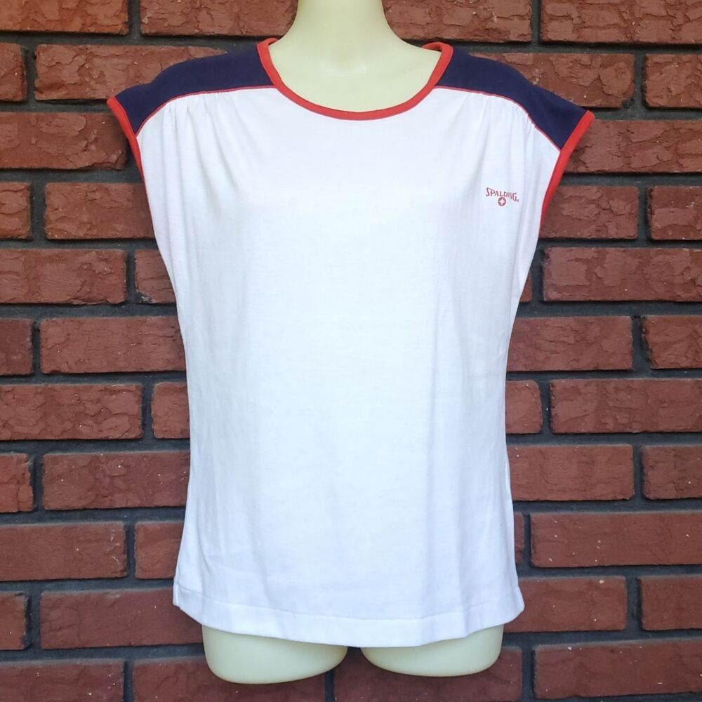 Vintage Spalding Tennis Top Womens M Red White Blue Ringer T Shirt Tenniscore